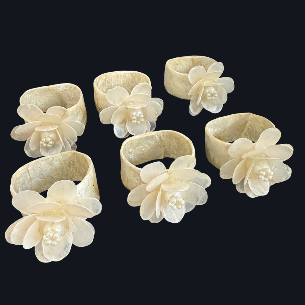VINTAGE Capiz Shell Floral Napkin Rings Set of 6 Pearl Flowers Coastal